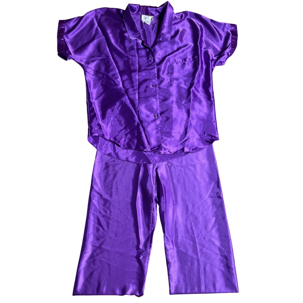 Samye Newman Vintage Purple Satin Pajama Set Short Sleeve Button Top Pants Small